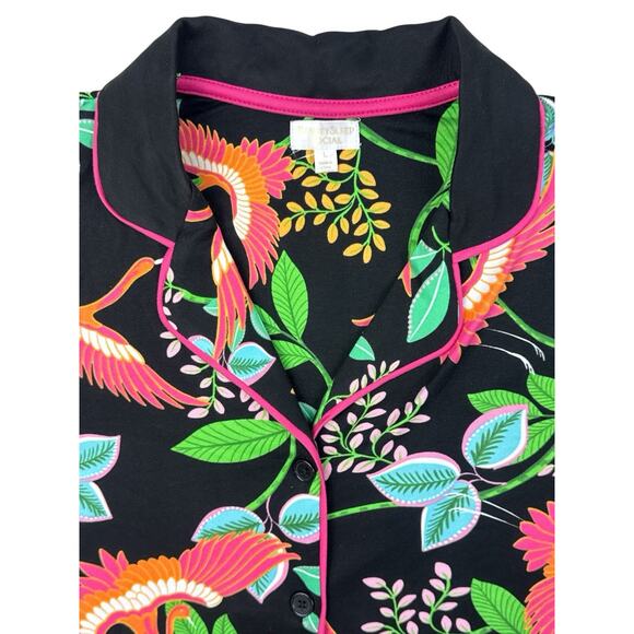 Beauty Sleep Social Pajamas Set Short-sleeve Black Tropical Birds Capri Pant L - Picture 3 of 10